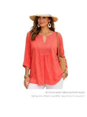 Cotton Silk Coral Tunic Blouse XXL Boho Resort Semi Sheer Relaxed Top